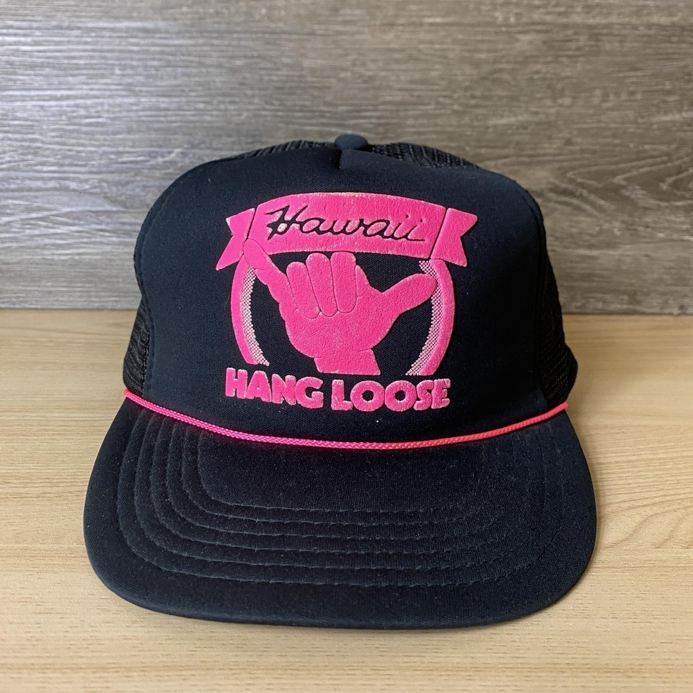 Hawaii Hang Loose Hat Cap Snap Back Black Pink Mesh Trucker Graphic Mens